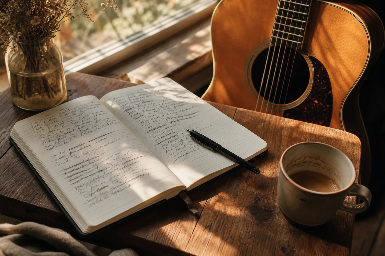 An open notebook with handwritten lyrics beside a guitar and a cup of coffee on a wooden table