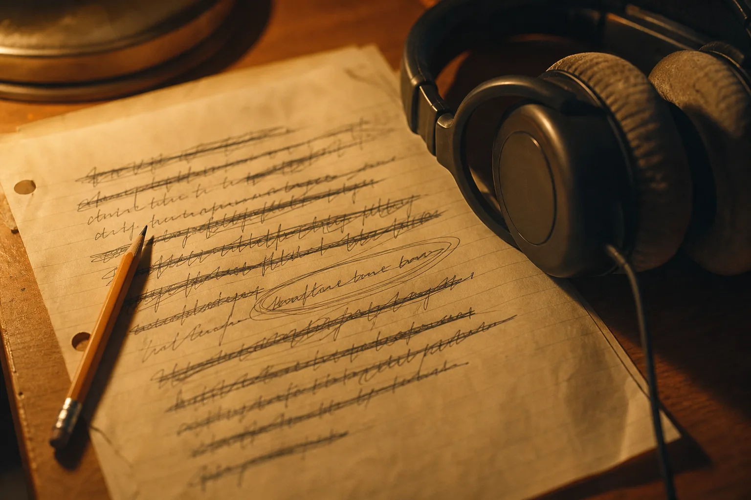 Close-up of handwritten notes and crossed-out lines on lined paper next to a pair of headphones