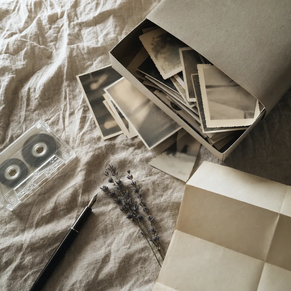 A shoebox of old family photographs, a cassette tape and a fountain pen on a linen cloth